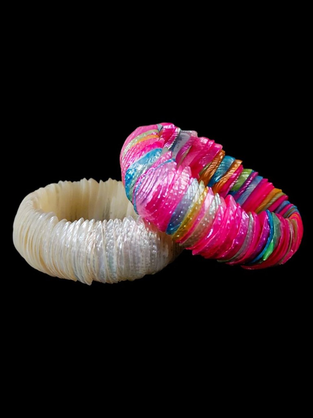 Boho Tropical Seashell Stretch Bracelet Duo - Rainbow & Pearl